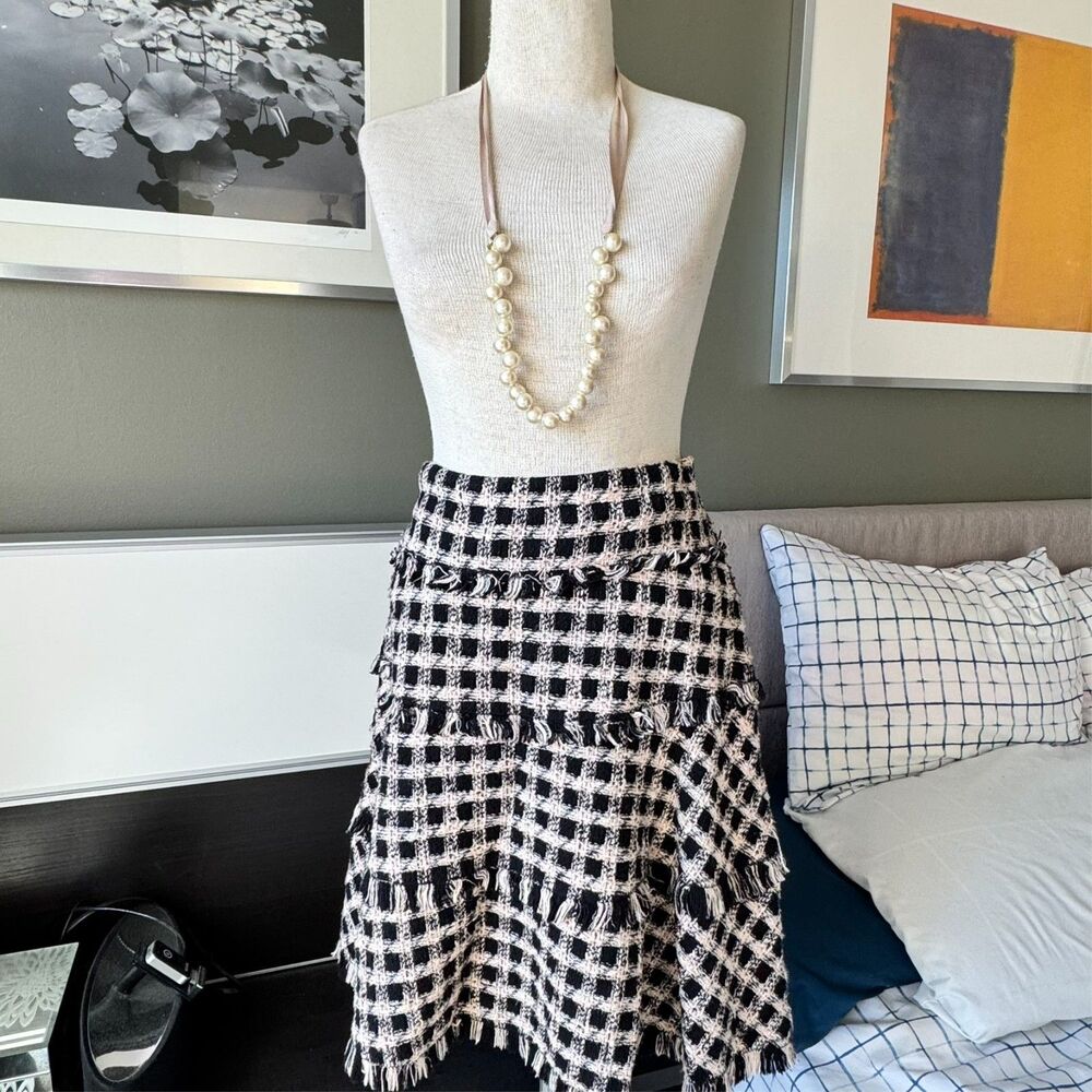 / Rebecca Taylor Tweed Black White Light Pink A-line Skirt Fringes Cotton US 8